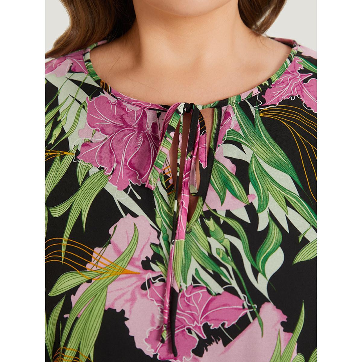 Plus Size Multicolor Floral Ties Batwing Sleeve Hanky Hem Layered Blouse Women Glamour Elbow-length sleeve Tie Neck Going out Blouses BloomChic 26/4X Product Image