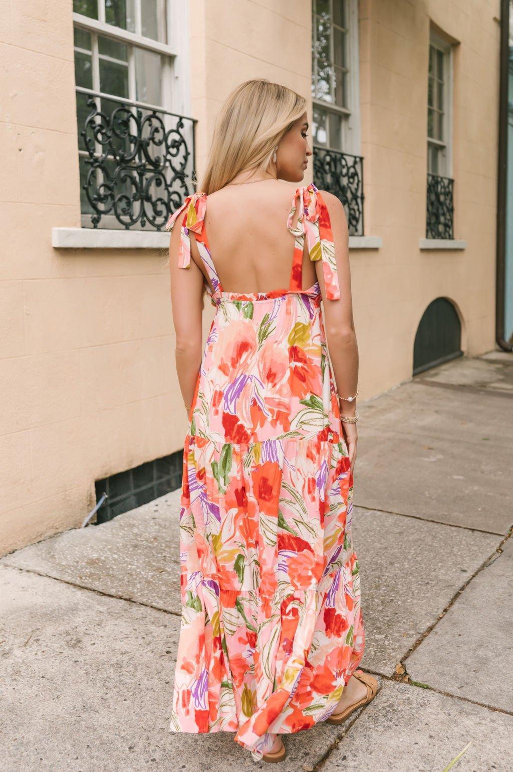 Coral Multi Print Shoulder Tie Maxi Dress - FINAL SALE Product Image