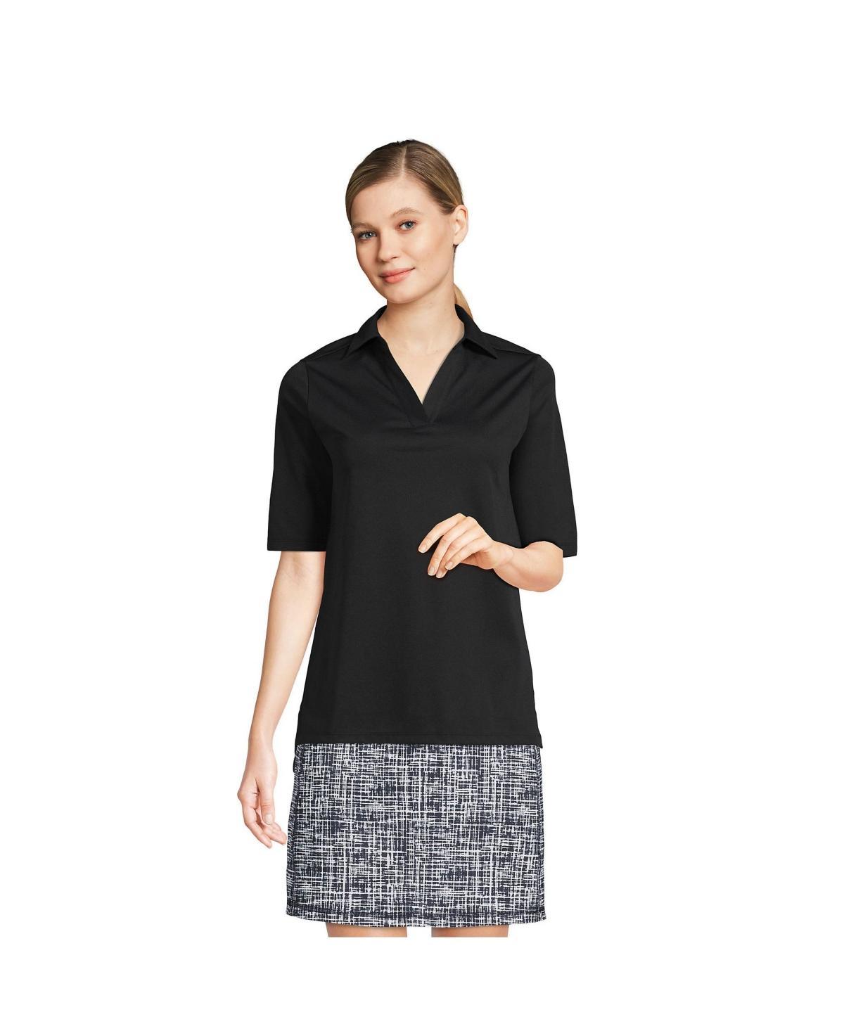 Women's Lands' End Performance Elbow Sleeve Pique Polo Top, Size: Medium, Black Product Image