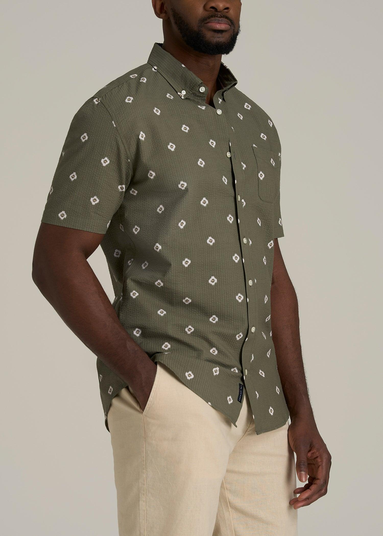 Seersucker Tall Men's Short Sleeve Shirt in Olive and Beige Floral Male Product Image