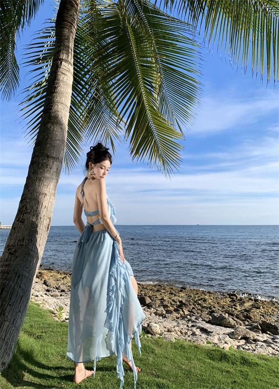 Halter Neck Plain Ruffle Trim Cutout Maxi Sun Dress Product Image