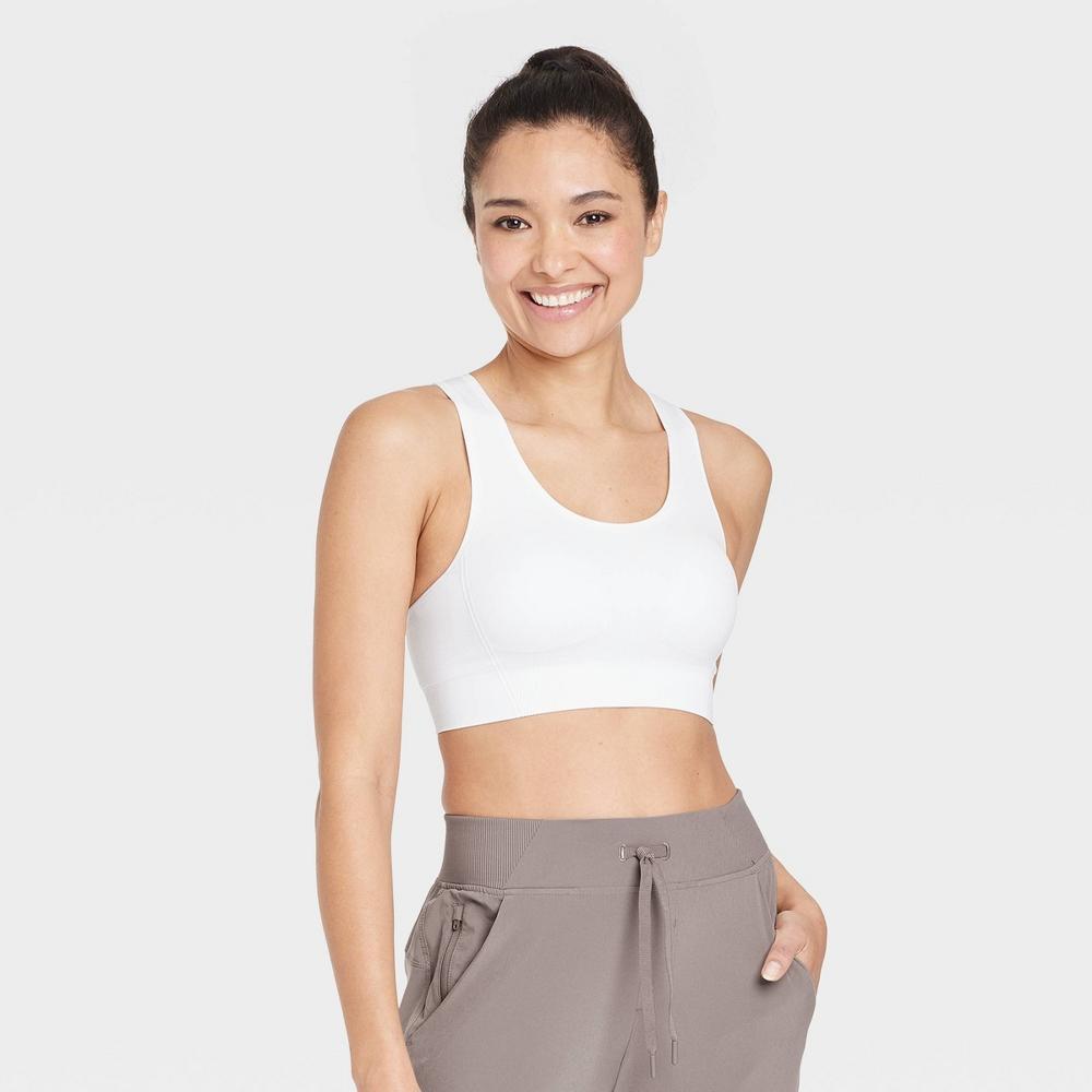 Womens Seamless Medium Support Racerback Midline Sports Bra - All In Motion White S: Removable Padding, Knit Product Image