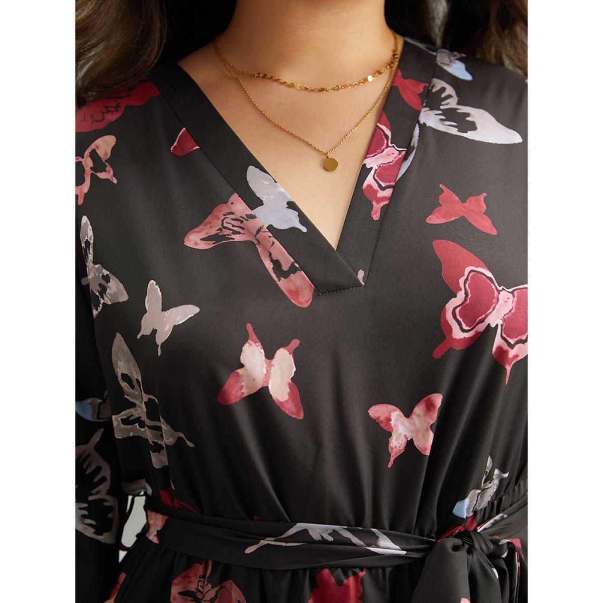 Plus Size Butterfly Print Shirred Belted Layered Dress Black Women Elegant Belted V-neck Long Sleeve Curvy Midi Dress BloomChic 18-20/2X Product Image