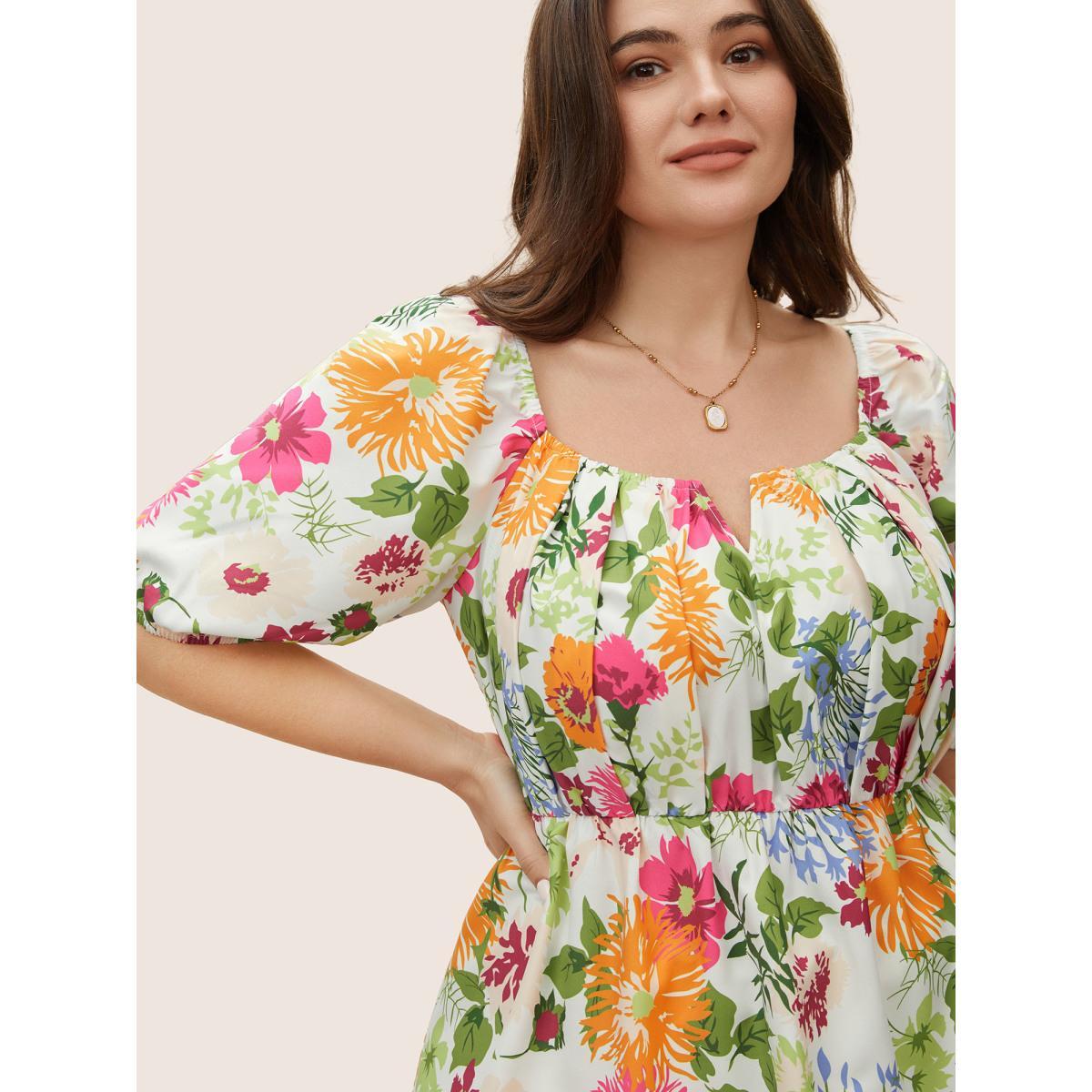 Plus Size Multicolor Floral Notched Collar Lantern Sleeve Blouse Women Elegant Half Sleeve Notched collar Everyday Blouses BloomChic 28/5X Product Image
