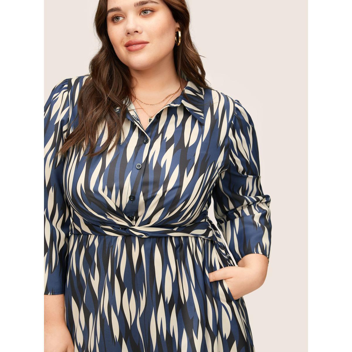 Plus Size Geo Colorblock Twist Front Shirt Collar Dress Indigo Women At the Office Non Shirt collar Elbow-length sleeve Curvy Midi Dress BloomChic 26/4X Product Image