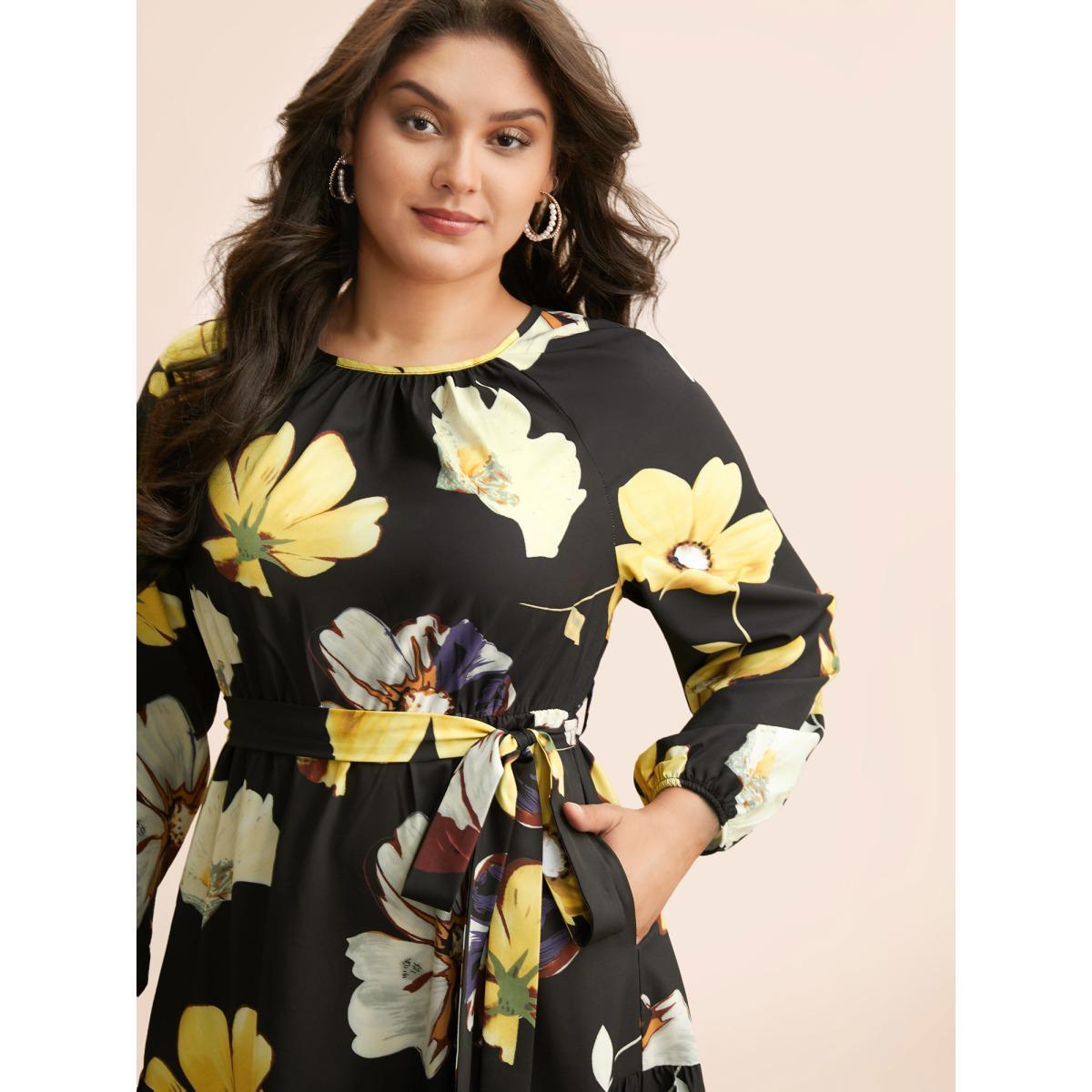 Plus Size Floral Round Neck Gathered Belted Dress Black Women Elegant Gathered Round Neck Long Sleeve Curvy BloomChic 22-24/3X Product Image