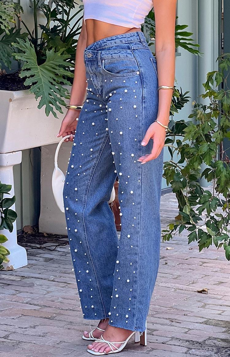 Denim Dazzle Pearl Mid Wash High Waisted Jeans Girls Product Image