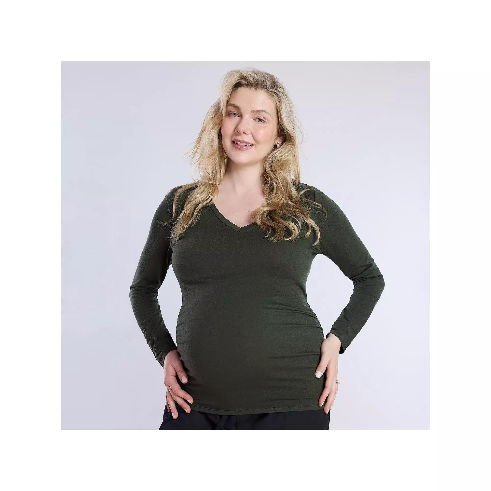 Maternity Motherhood® V-Neck Side Ruched Long Sleeve Tee, Women's, Size: Medium-Mat, White Product Image