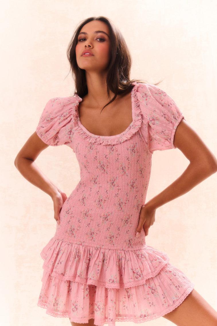 Violet Floral Cotton Smocked Drop Waist Mini Dress Product Image