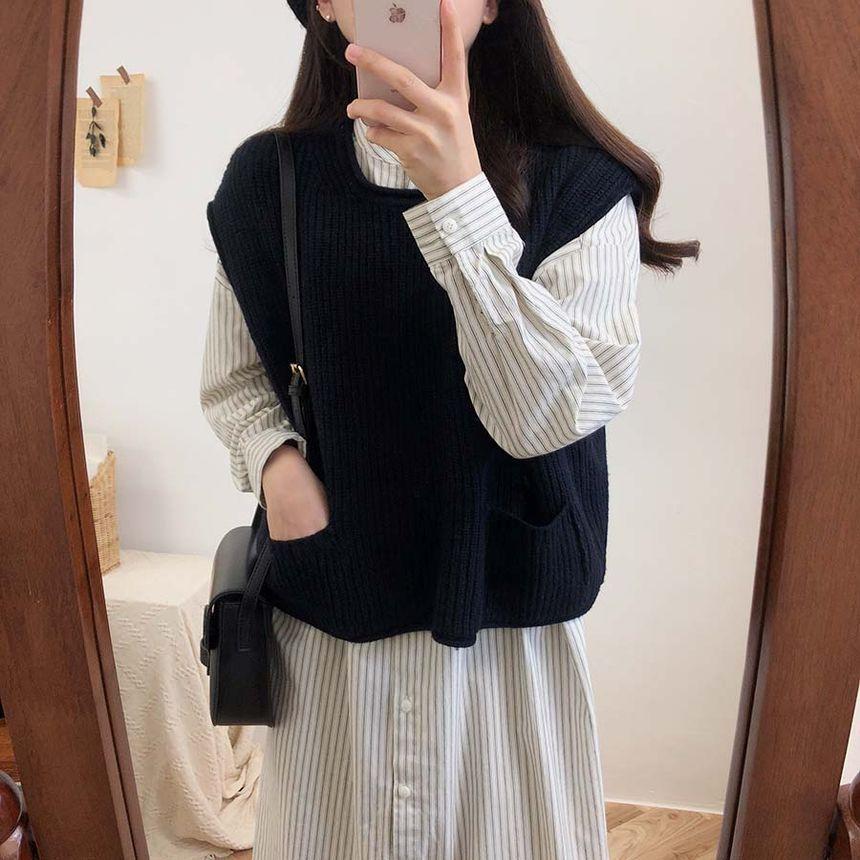 Long-Sleeve Stand Collar Striped Button-Up Slit Midi Shirt Dress / Crew Neck Plain Sweater Vest Product Image