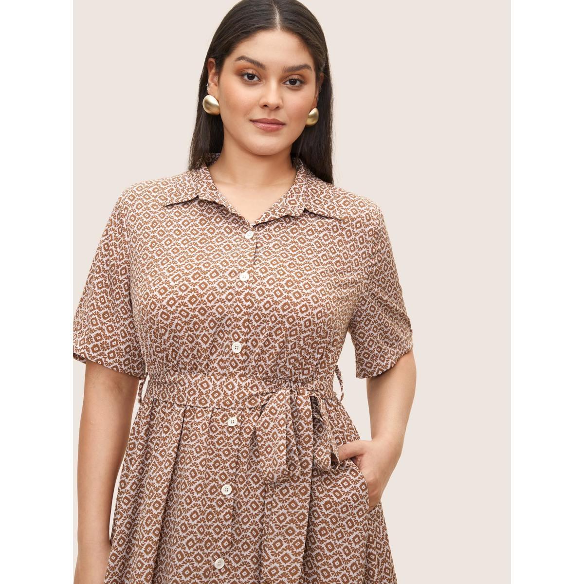 Plus Size Shirt Collar Geometric Roll Sleeve Pleated Dress Rust Women Work From Home Belted Shirt collar Half Sleeve Curvy Midi Dress BloomChic 26/4X Product Image