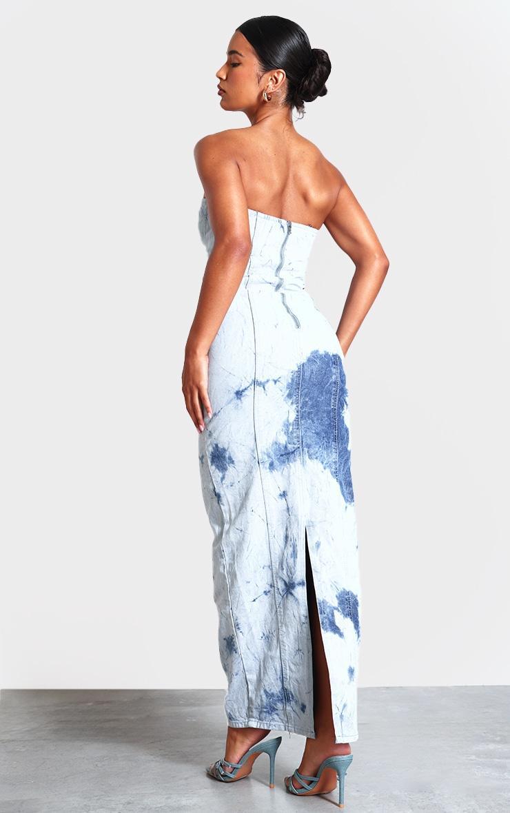 Blue Tie Dye Print Bustier Denim Maxi Dress Product Image