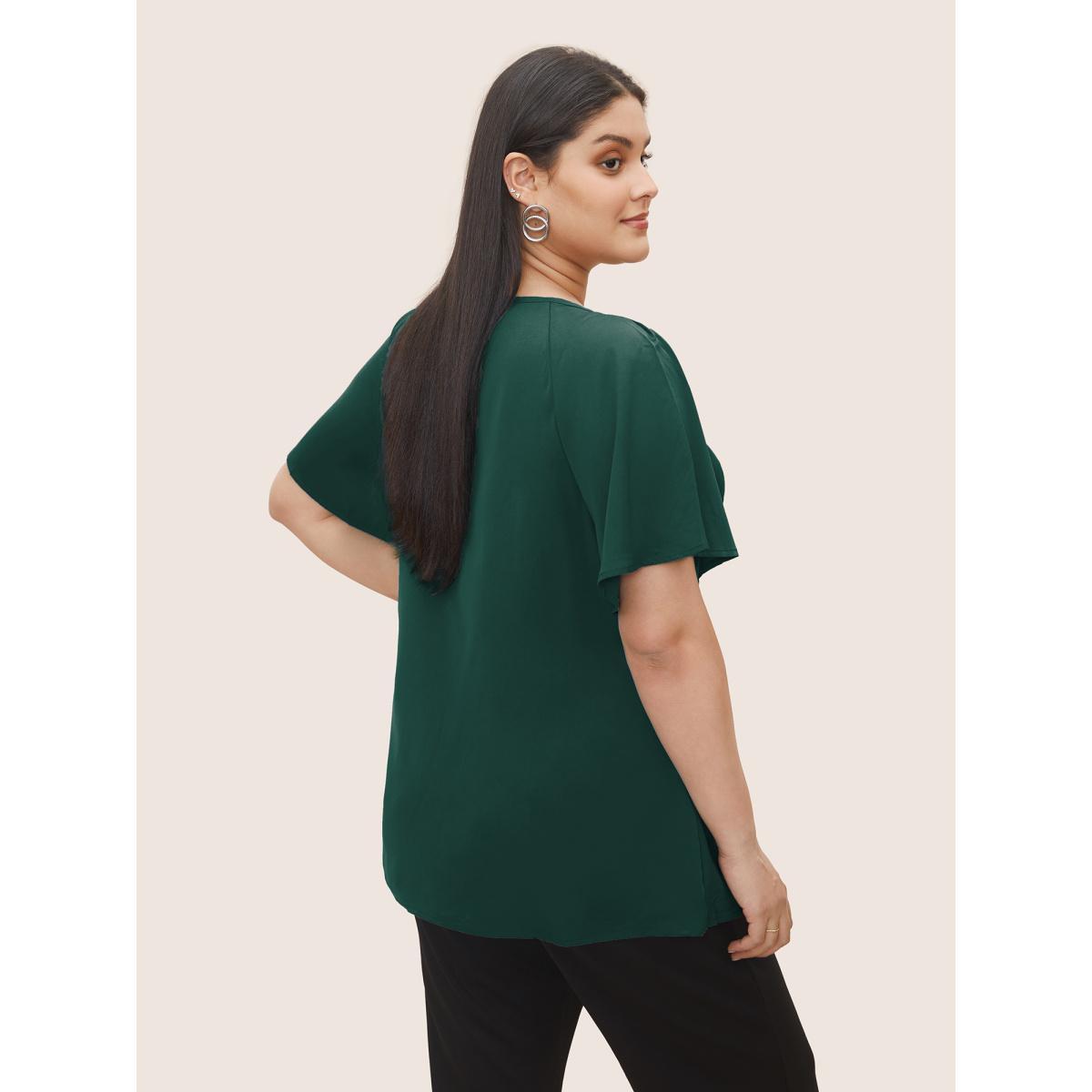 Plus Size DarkGreen Plain Keyhole Knotted Front Ruffle Sleeve Blouse Women Work From Home Short sleeve Round Neck Work Blouses BloomChic 14-16/1X Product Image