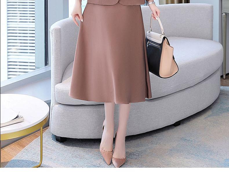 Set: Plain Double-Breasted Blazer + Spaghetti Strap Plain Midi A-Line Dress Product Image