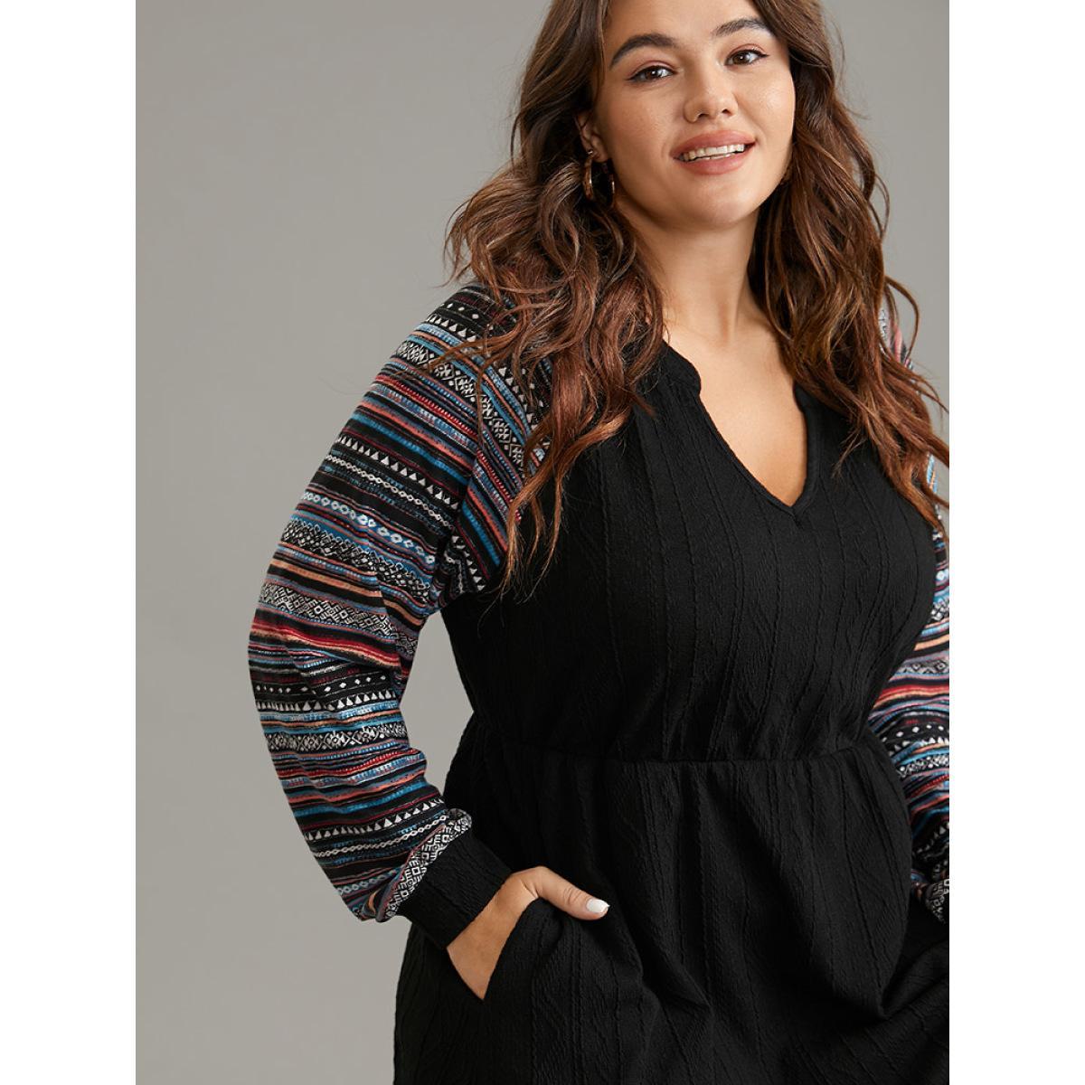 Plus Size Bandana Patchwork Elastic Waist Notched Dress DarkBlue Women Casual Printed Notched collar Long Sleeve Curvy Midi Dress BloomChic 26/4X Product Image
