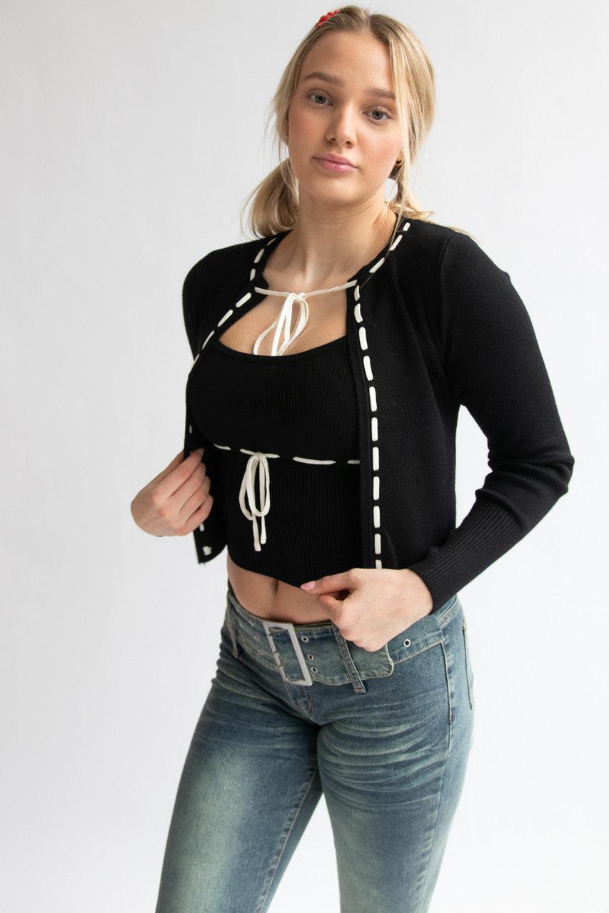 Running Stitch Tie Front Knit Cardigan Product Image