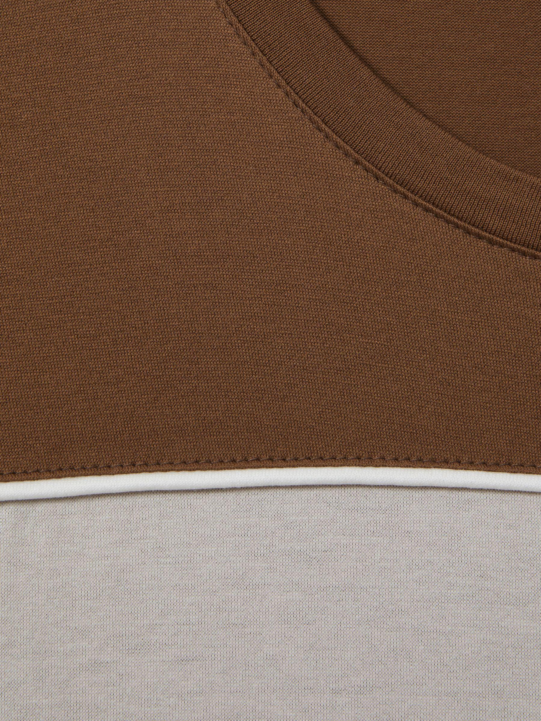 Mercerised Cotton Colourblock Crew Neck T-Shirt in Camel Brown/White Product Image