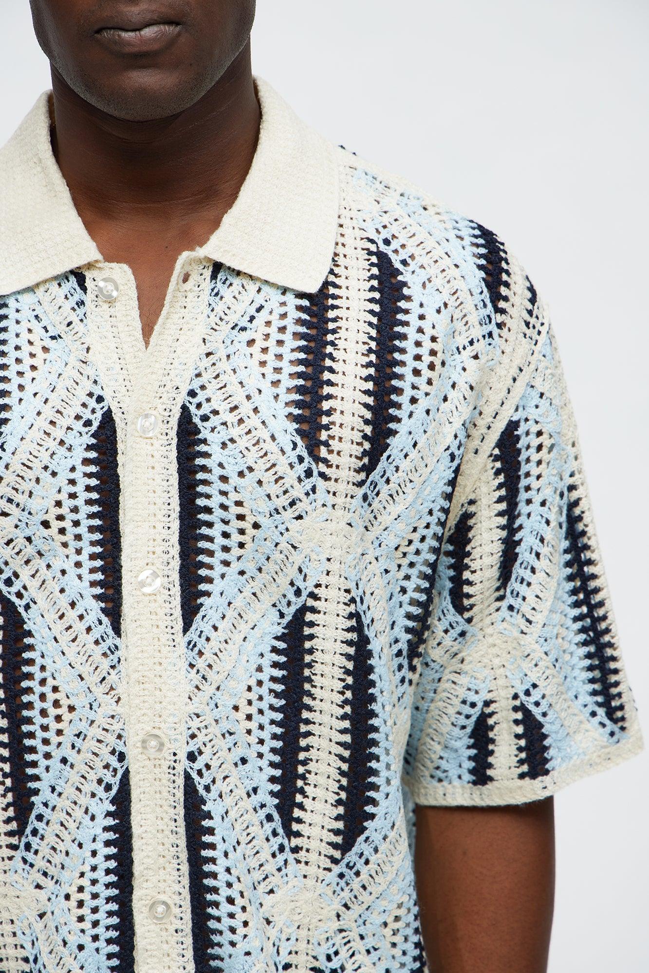 Cropped Relaxed Triangles Knit Closed Collar Shirt - Blue/combo Product Image