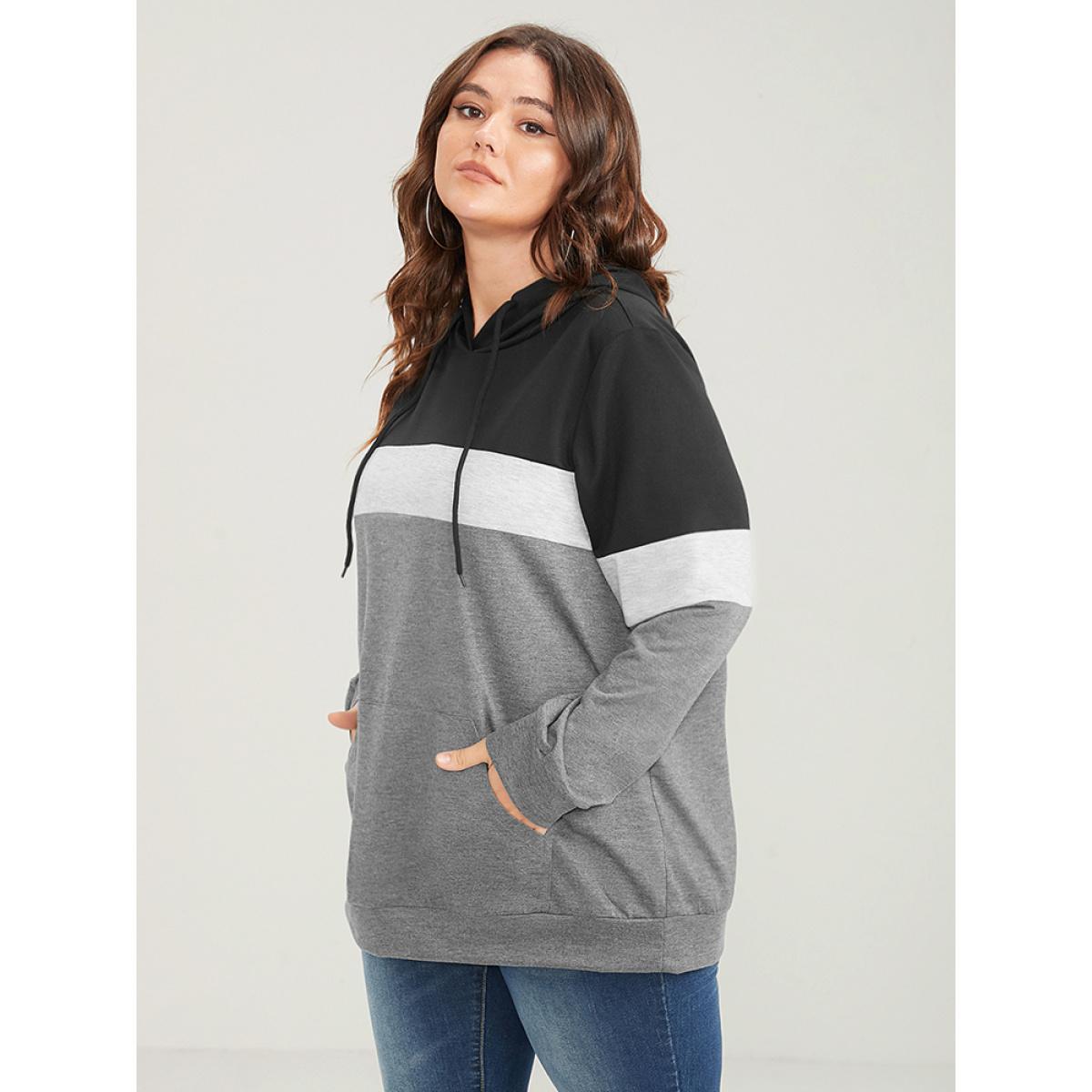 Plus Size Colorblock Contrast Hooded Pocket Drawstring Sweatshirt Women Black Casual Pocket Hooded Dailywear Sweatshirts BloomChic 12/L Product Image