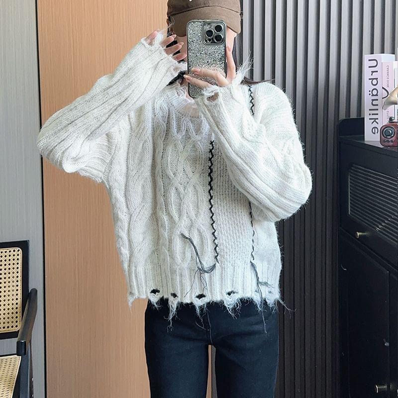 Crew Neck Plain Cable-Knit Distressed Sweater Product Image