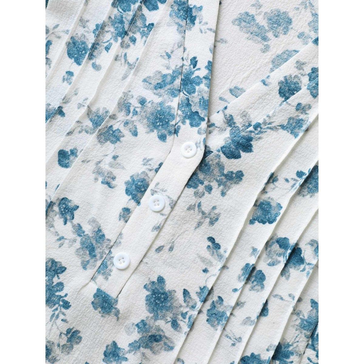 Plus Size Originalwhite Floral Toothpick Pleat Sheer Blouse Women Short sleeve Notched collar Everyday-Elegant Blouses BloomChic 12/L Product Image