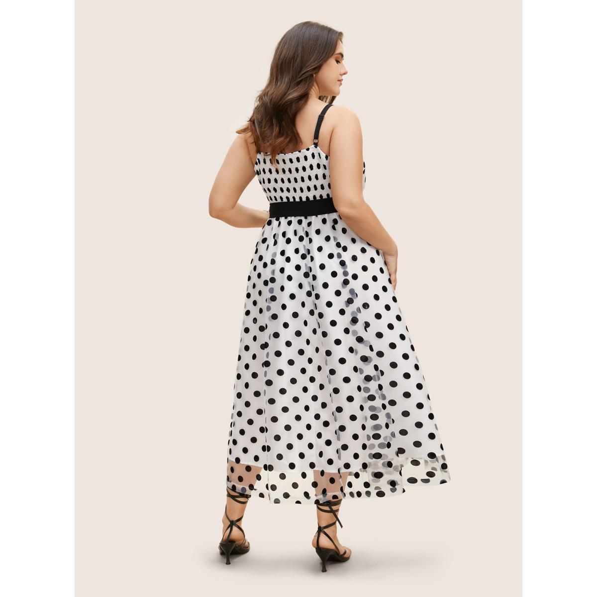 Plus Size Polka Dot Mesh Belted Cami Dress WhiteSmoke Women Elegant Woven ribbon&lace trim Non Sleeveless Curvy BloomChic 10/M Product Image