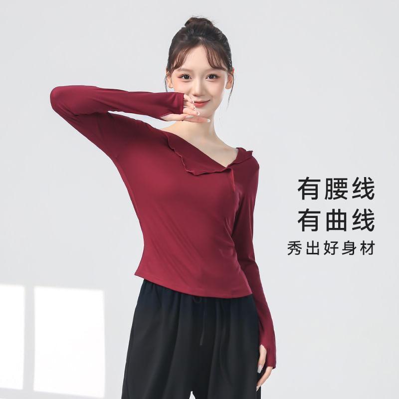 Long-Sleeve Thumbhole Plain Crop Top Product Image