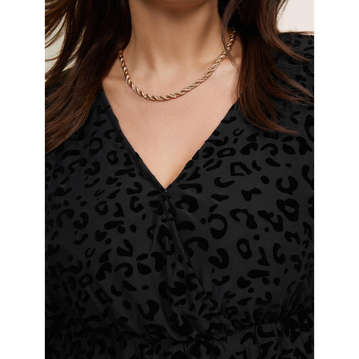 Plus Size Black Leopard Flocking Mesh Patchwork Wrap Blouse Women Glamour Long Sleeve V-neck Going out Blouses BloomChic 28/5X Product Image