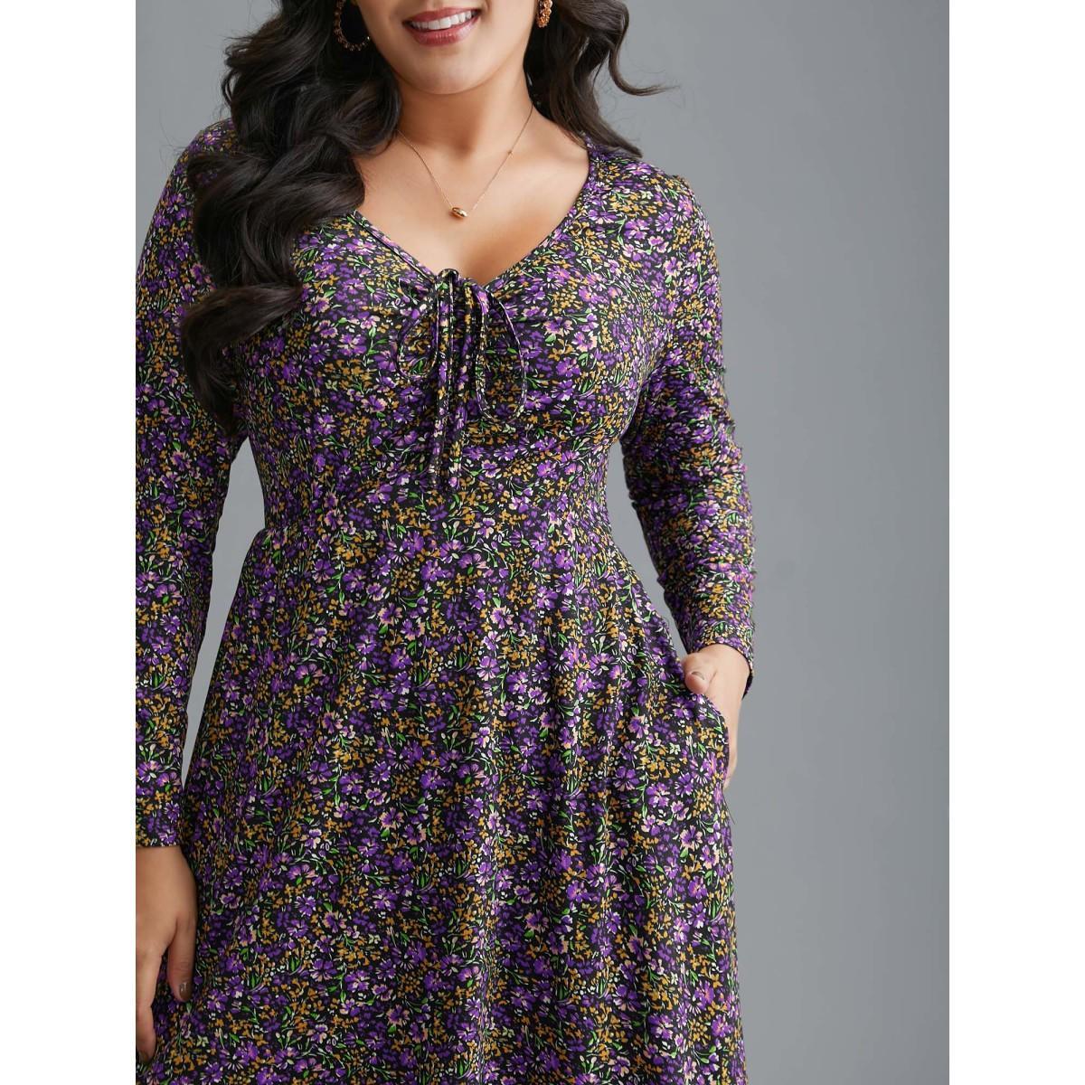 Plus Size Ditsy Floral Drawstring Midi Dress Deeppurple Women Casual Drawstring Knit Dresses Bloomchic 30/6X Product Image