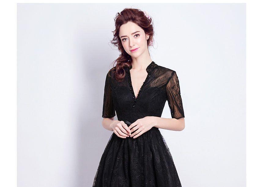 Short-Sleeve Lace A-Line Evening Gown Product Image