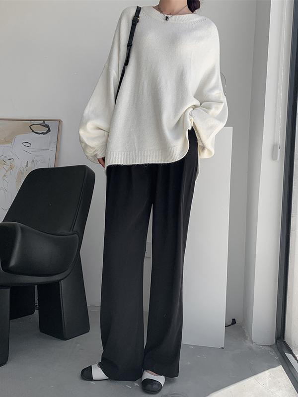 Stretch Mohair-Blend Balloon Sleeves Loose Solid Round-Neck Sweater Tops Product Image