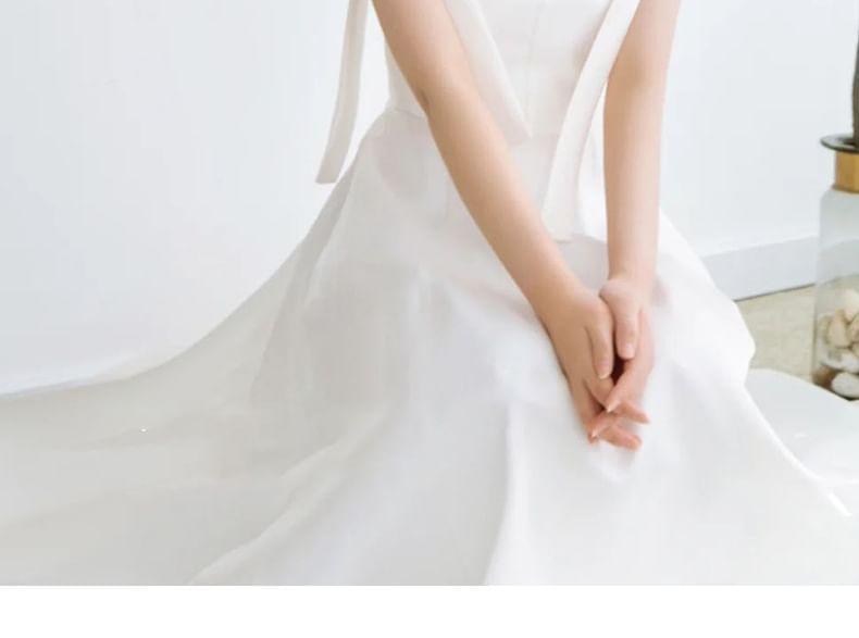 Tie Shoulder Plain Maxi A-Line Wedding Dress Product Image