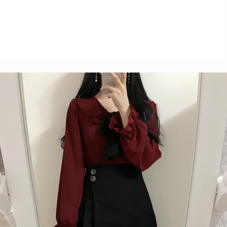 Long-Sleeve Ruffle Tie-Neck Blouse / A-Line Mini Skirt Product Image