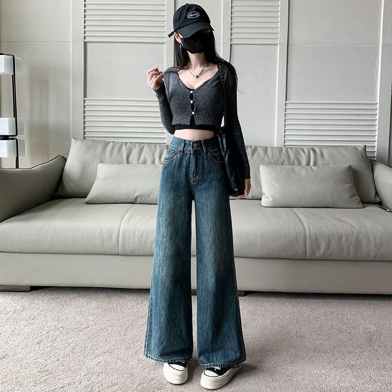High Waist Washed Wide Leg Jeans (Various Designs) Product Image