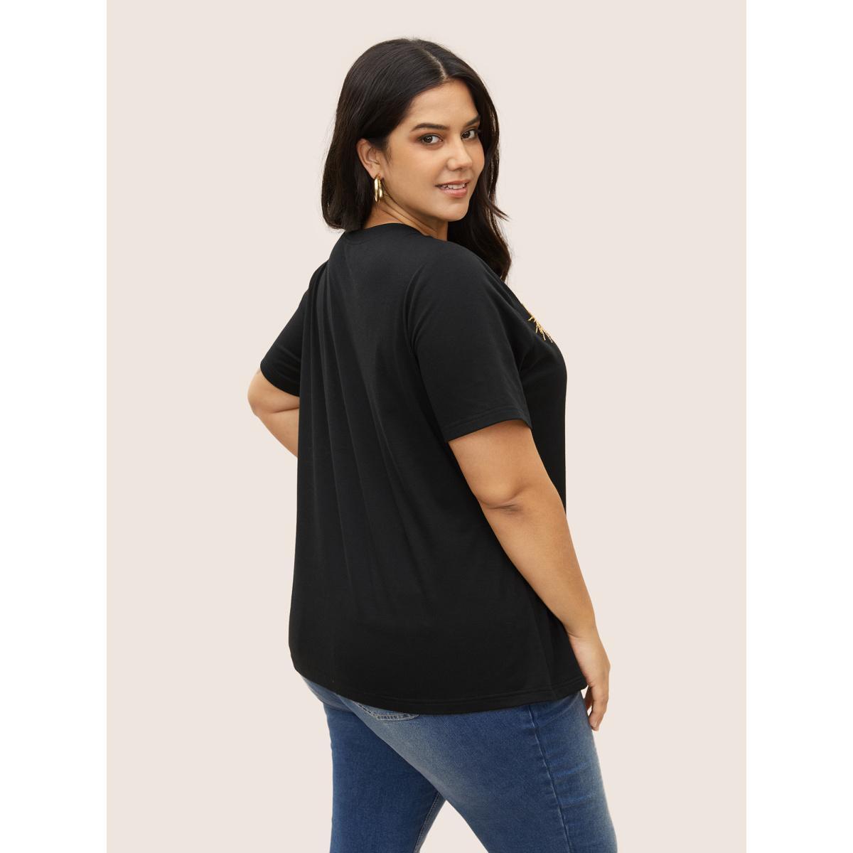 Plus Size Contrast Star Sequin Round Neck T-shirt Black Women Casual Contrast Star and moon Round Neck Everyday T-shirts BloomChic 12/L Product Image