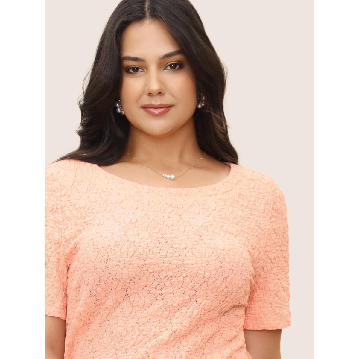 Plus Size Solid Texture Jacquard Crew Neck T-shirt Crepe Women Elegant Texture Round Neck Everyday T-shirts BloomChic 26/4X Product Image