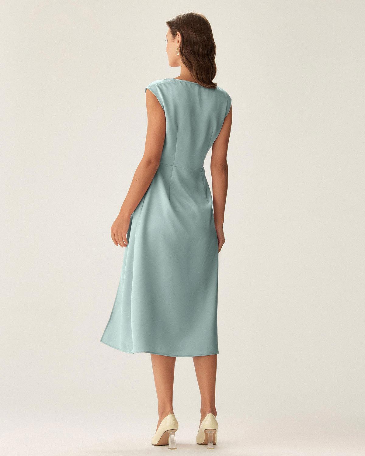 Blue Satin Boat Neck Slit Sleeveless Midi Dress Product Image