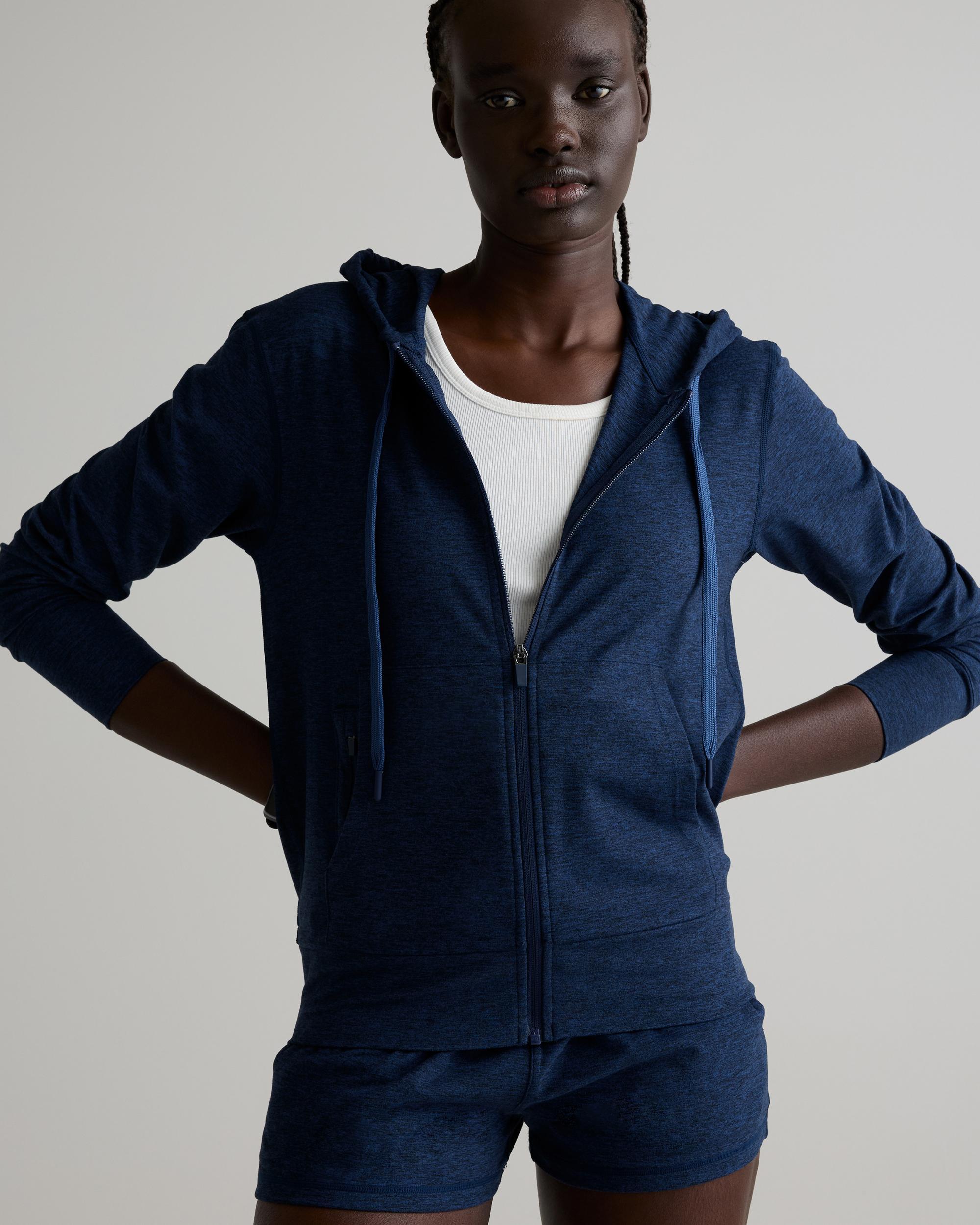 Quince | Women's Super Soft Performance Full Zip Hoodie in Navy, Flowknit Activewear, Recycled Polyester Product Image