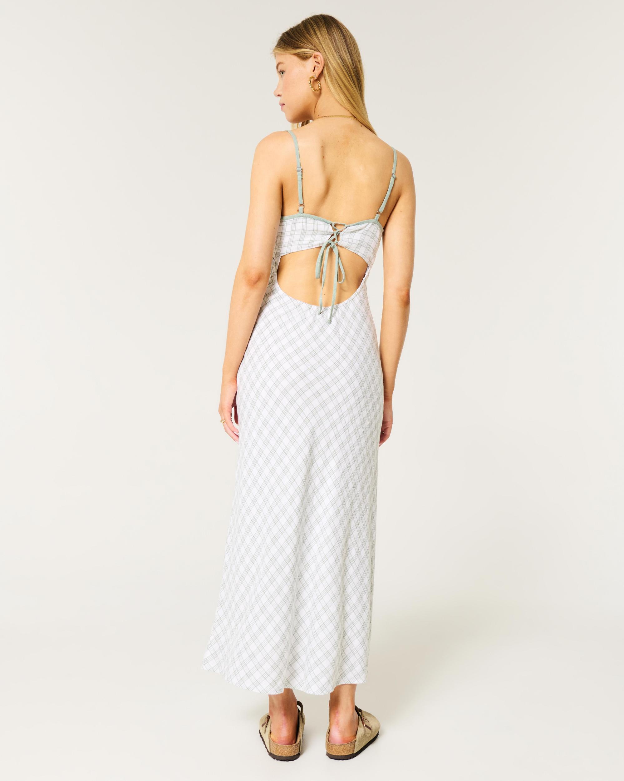 Linen-Blend Open Back Slip Midi Dress Product Image