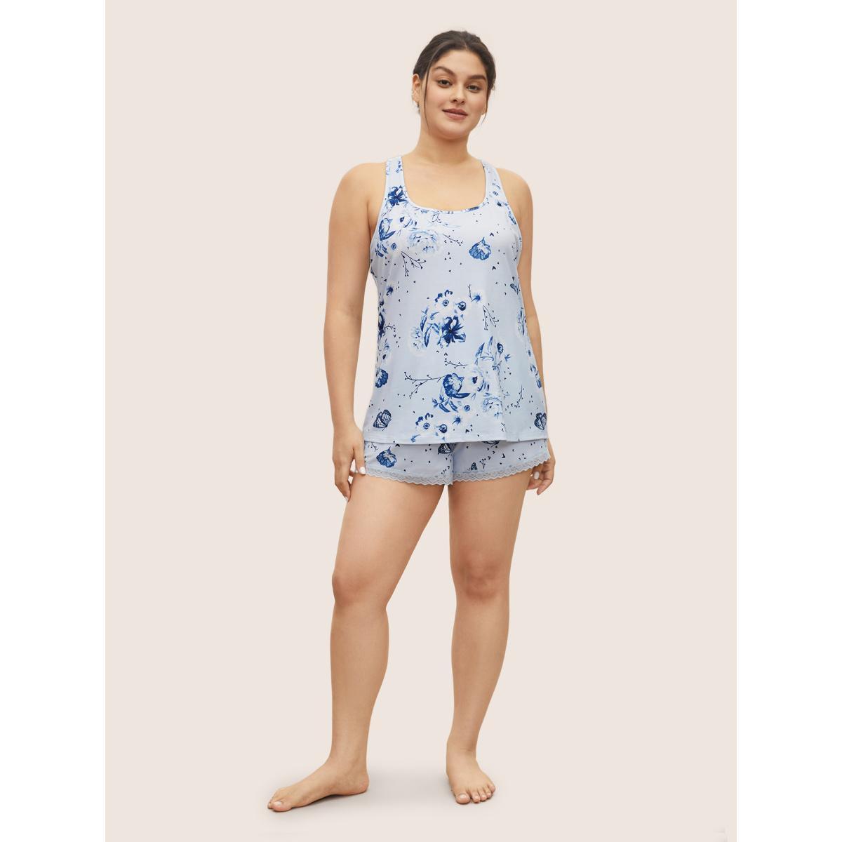Plus Size Floral Print Lace Patchwork Pajama Sets Women Stone Floral Non Sleeveless Square Neck Lounge Loungewear Sets BloomChic 18-20/2X Product Image