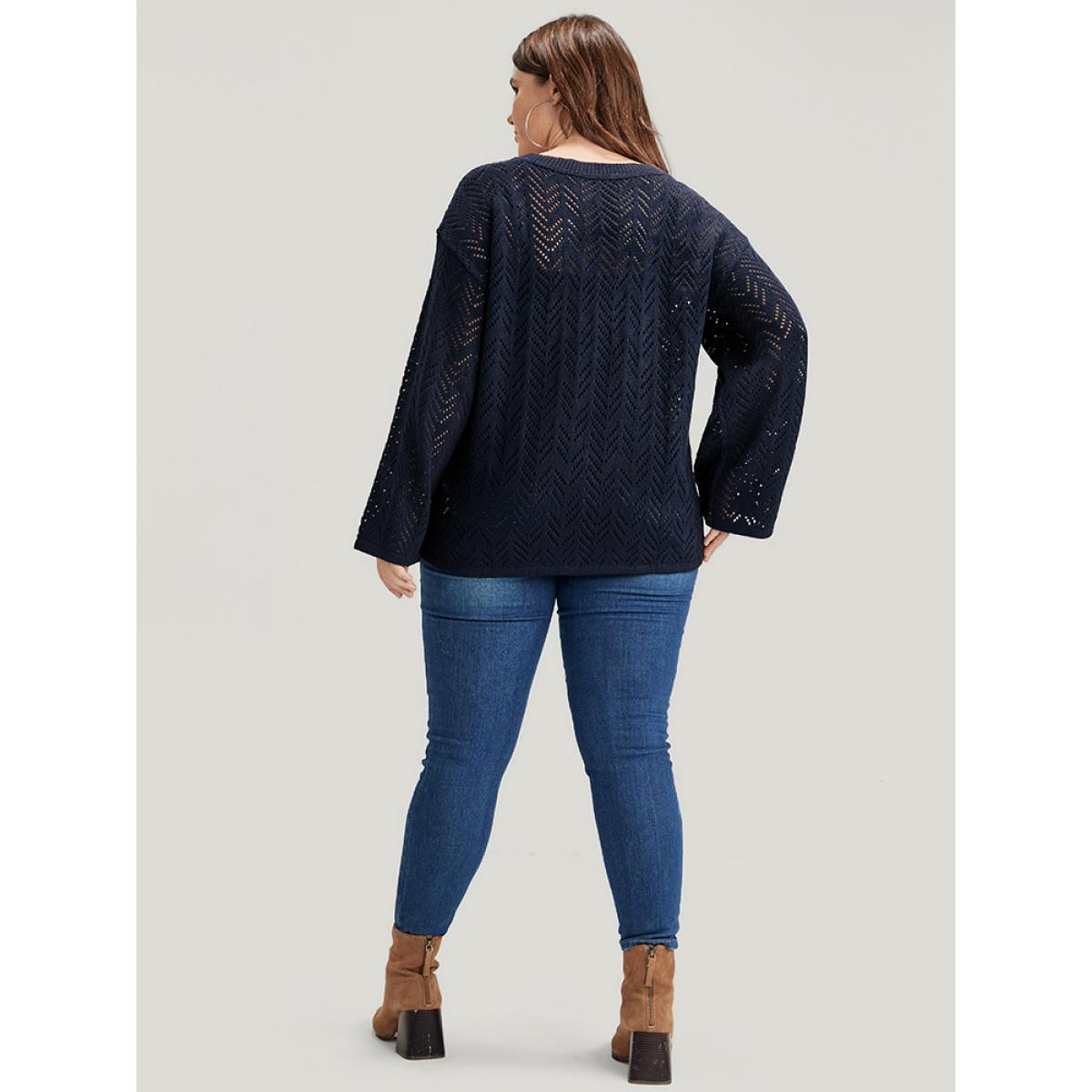 Plus Size Geometric Pointelle Knit V Neck Eyelet Knit Top Indigo Women Casual Loose Long Sleeve V-neck Dailywear Pullovers BloomChic 18-20/2X Product Image