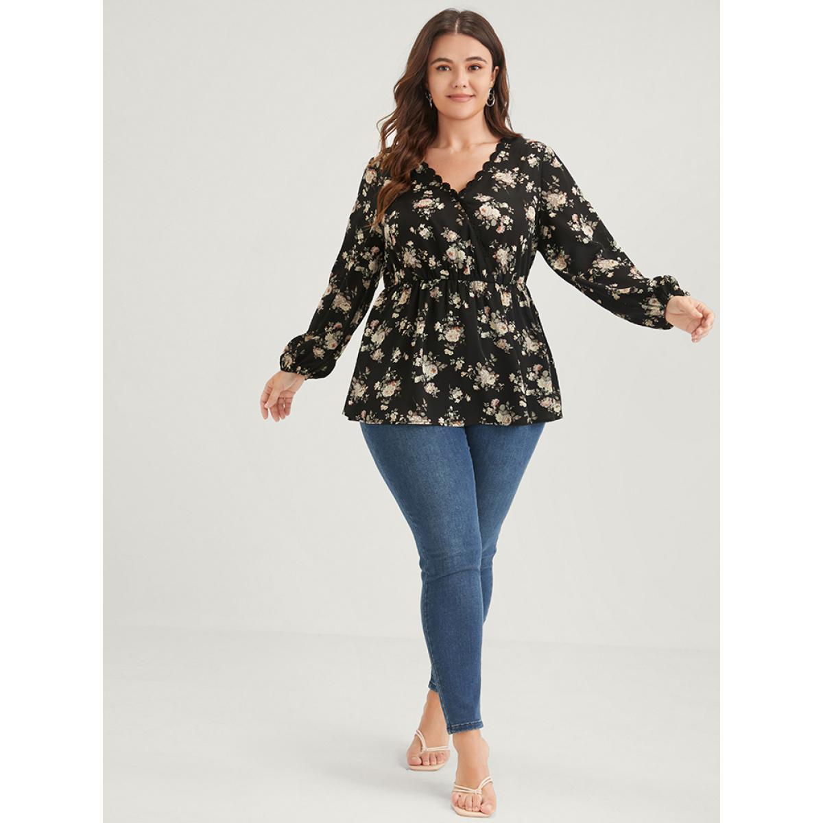Plus Size Black Floral Scalloped Flutter Hem Lace Trim Wrap Blouse Women Elegant Long Sleeve V-neck Dailywear Blouses BloomChic 26/4X Product Image