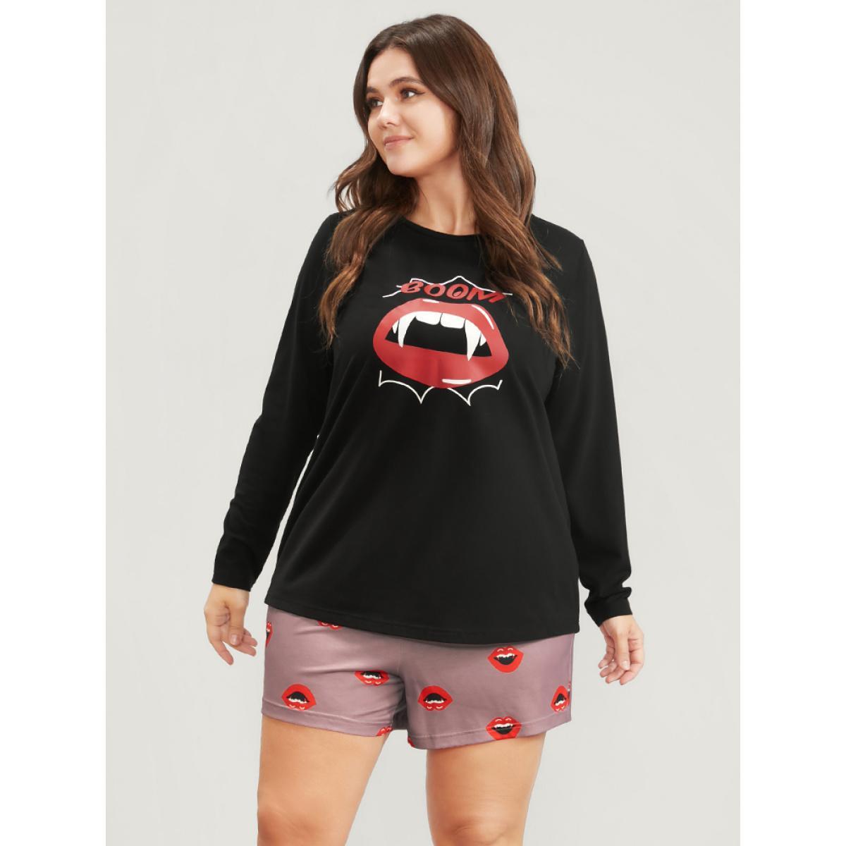 Plus Size Halloween Lip Print Pajama Set Women Black Graphic-Halloween Printed Long Sleeve Round Neck Casual Loungewear Sets BloomChic 22-24/3X Product Image