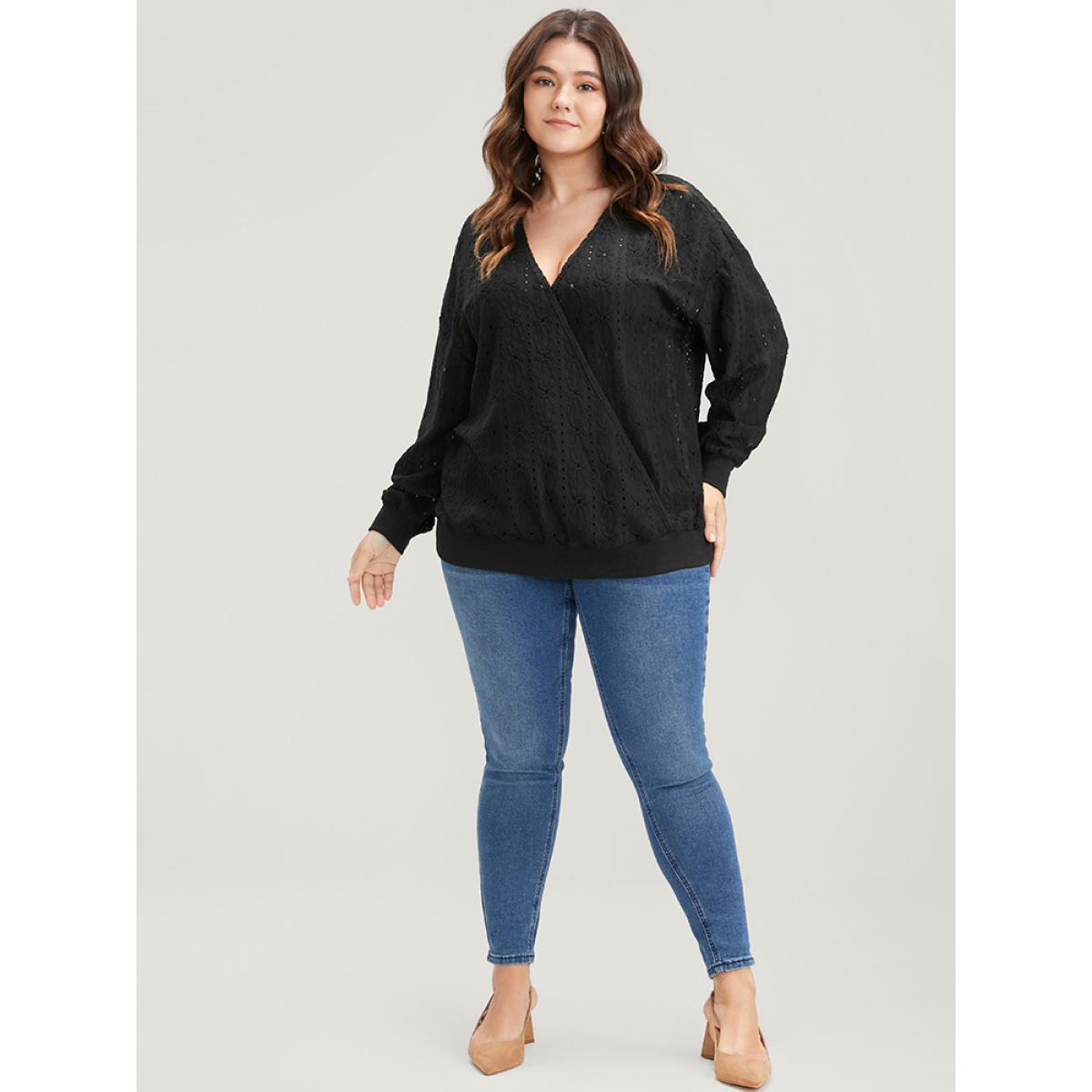 Plus Size Solid Wrap Eyelet Lace Sweatshirt Women Black Elegant Wrap V-neck Dailywear Sweatshirts BloomChic 10/M Product Image