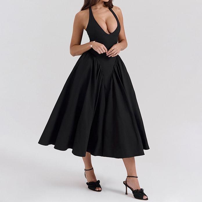 Halter Deep Plunge Plain Gathered Midi A-Line Dress Product Image