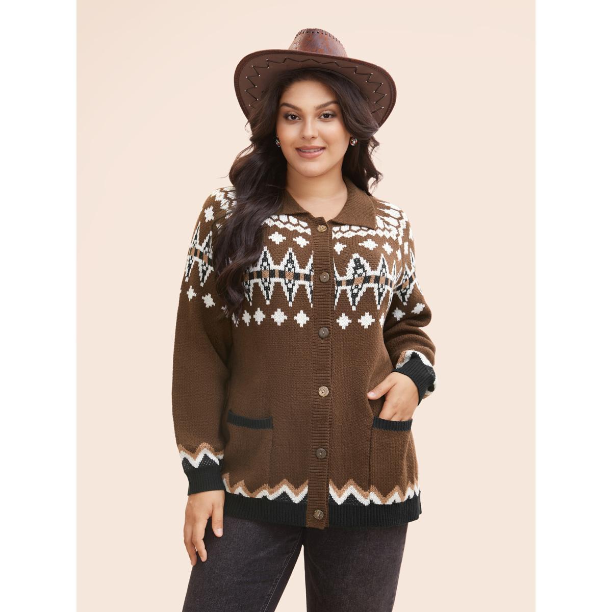 Plus Size Fair Isle Collared Button Down Cardigan DarkBrown Women Casual Loose Long Sleeve Everyday Cardigans BloomChic 28/5X Product Image