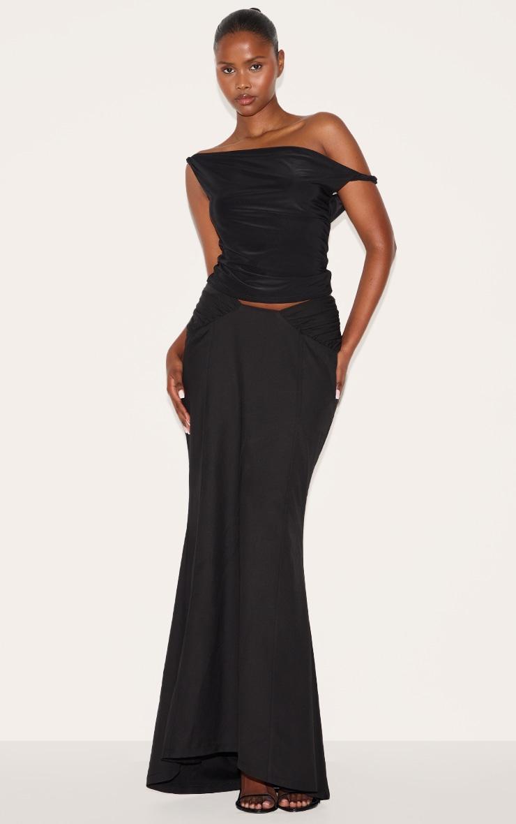 Black Woven Ruched Waist Detail Maxi Skirt Product Image