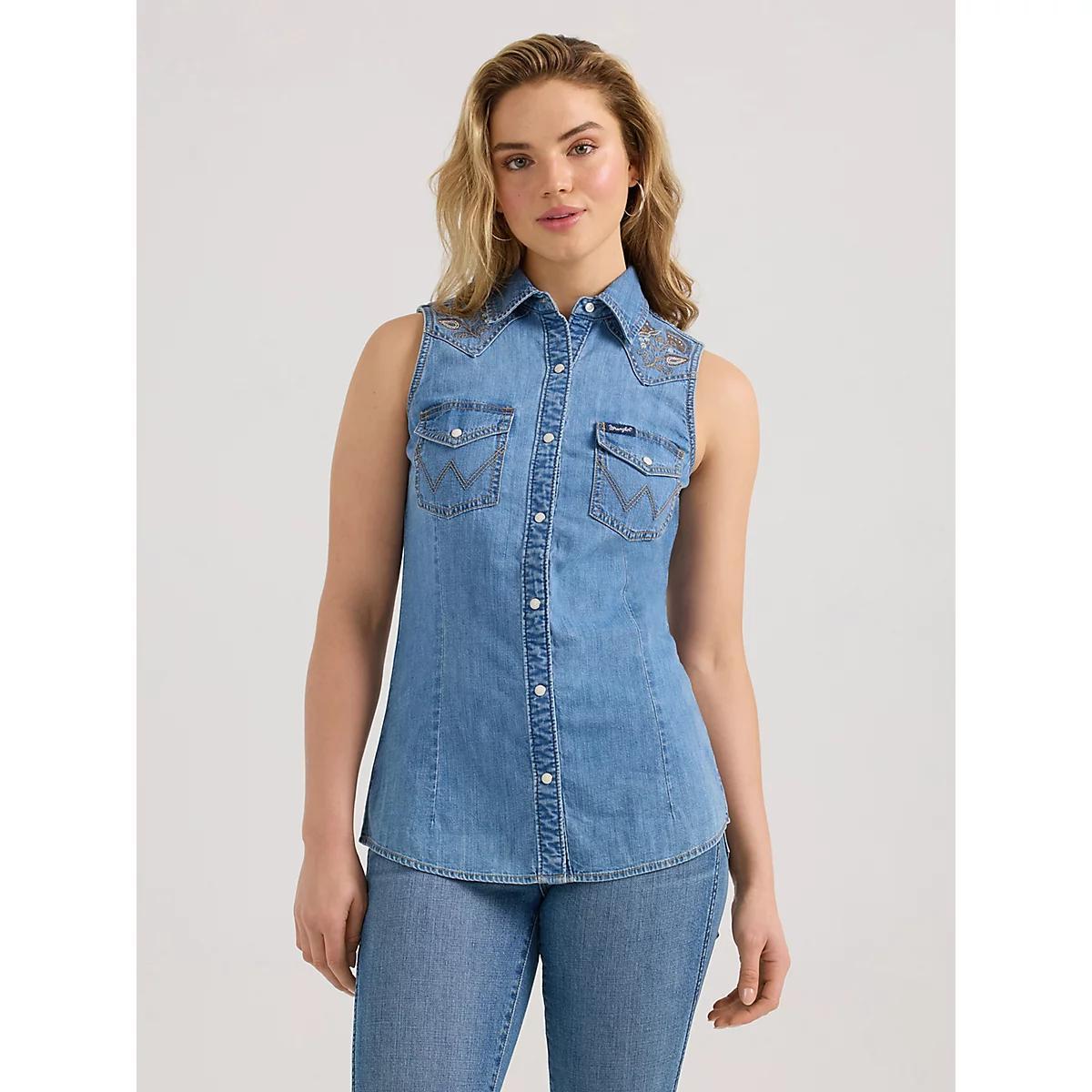 Women's Wrangler Embellished Denim Sleeveless Snap Shirt in Mid Wash Product Image