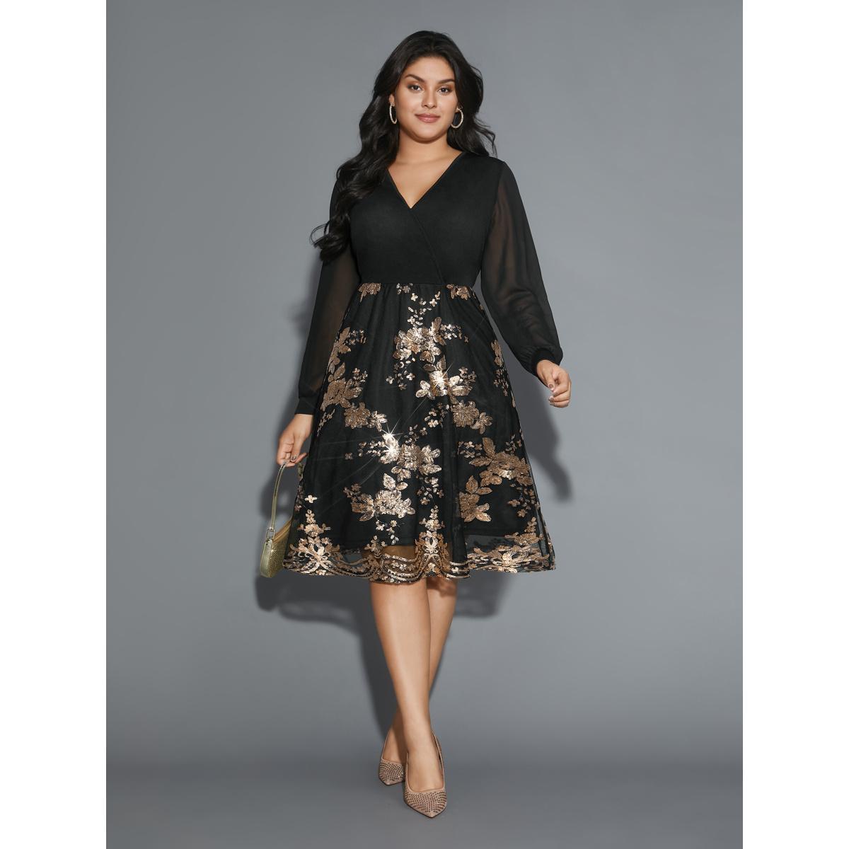 Plus Size Sequin Overlap Collar Sheer Sleeve Lined Dress Black Women Cocktail Texture Party Curvy Bloomchic 30/6X Product Image