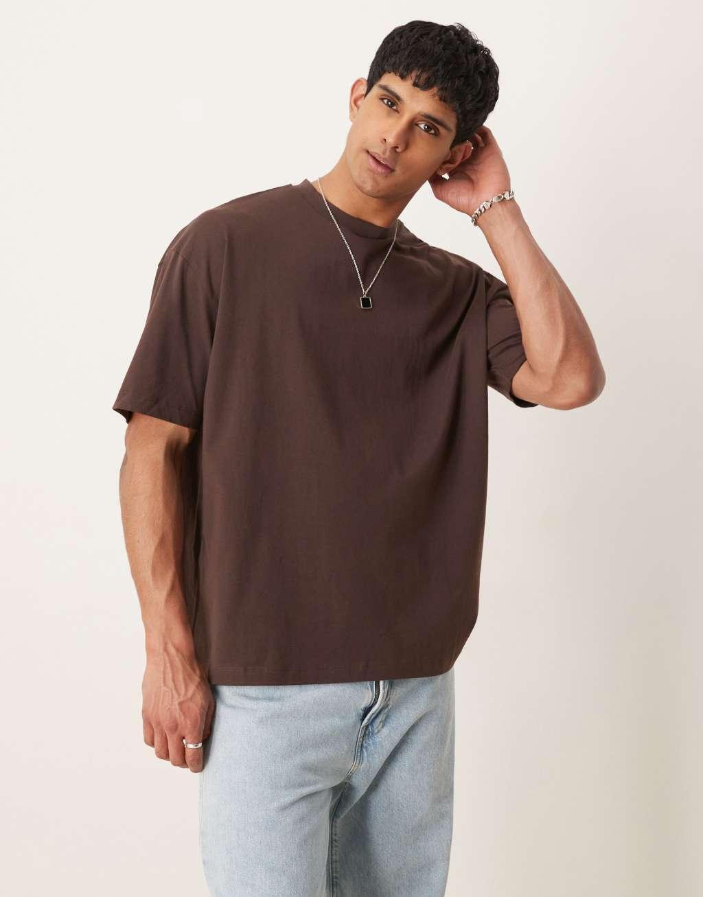 ASOS DESIGN oversized T-shirt with text graphic in brown Product Image